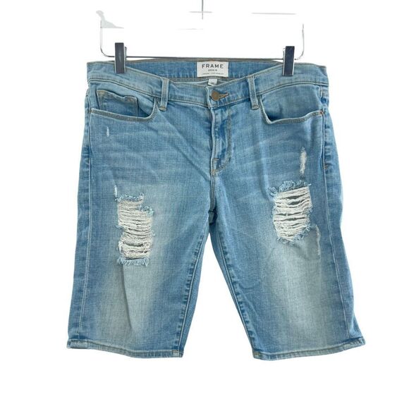 FRAME Le Grand Garcon Blue Denim Distressed Cut Off Bermuda Shorts Size 28 - Picture 1 of 13